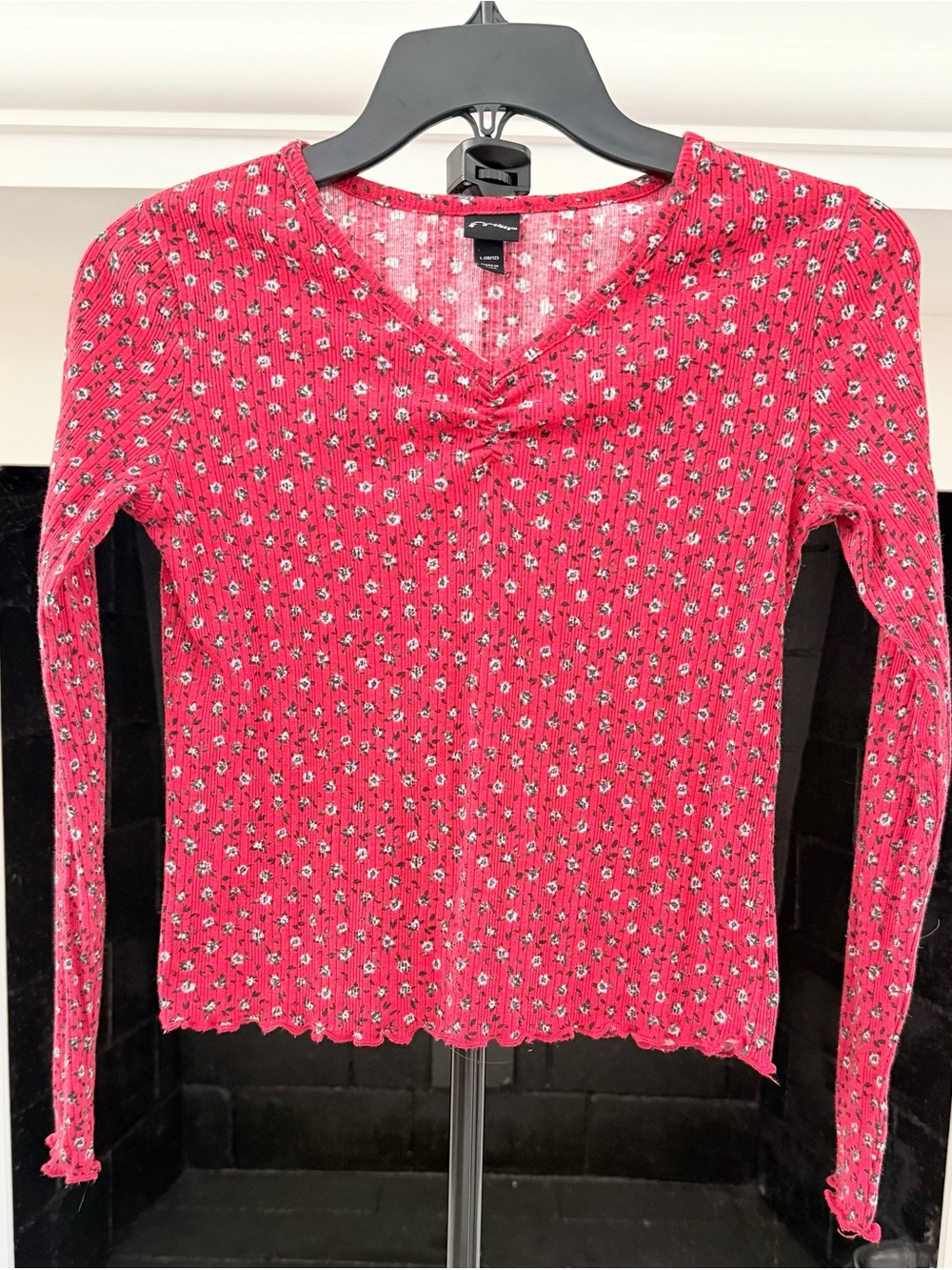 art class Red Ribbed Long-Sleeve Floral Top- Girls 10/12